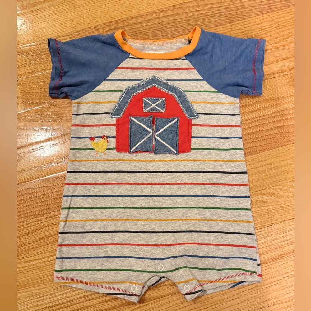 Mud Pie Barnyard Striped Romper - Blue, Red, Yellow